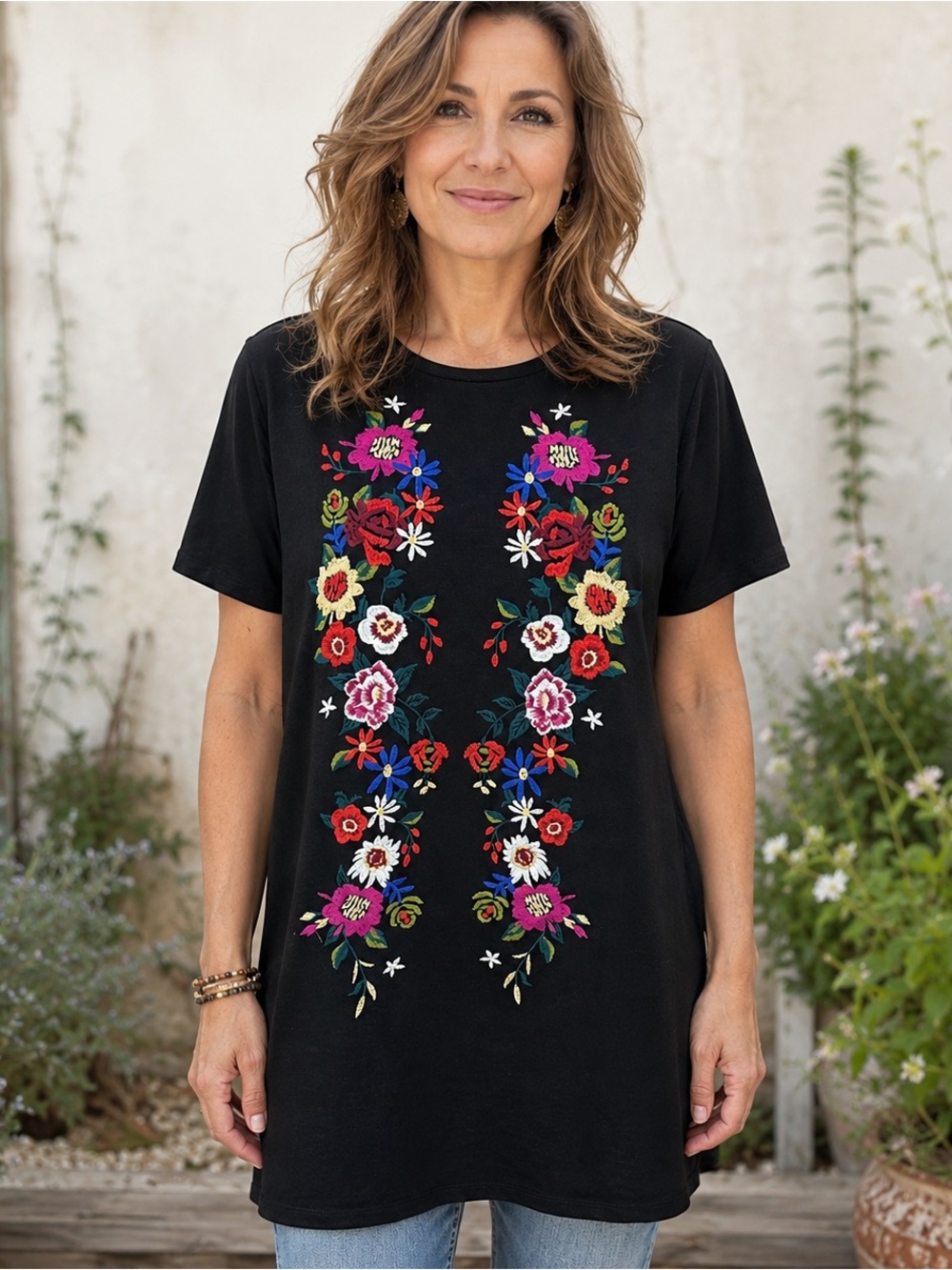 Embroidered Floral Tunic Top Women’s L Short Sleeve Pockets Boho Cottagecore